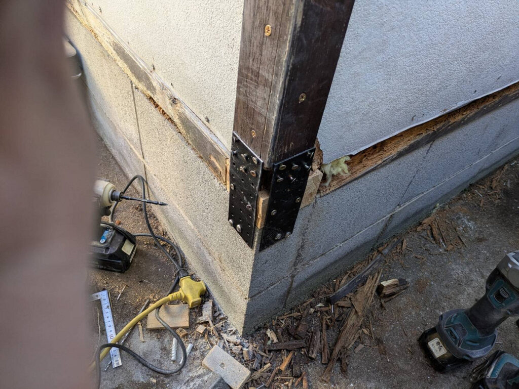 接木をして、金属板で柱、接木、基礎を結束